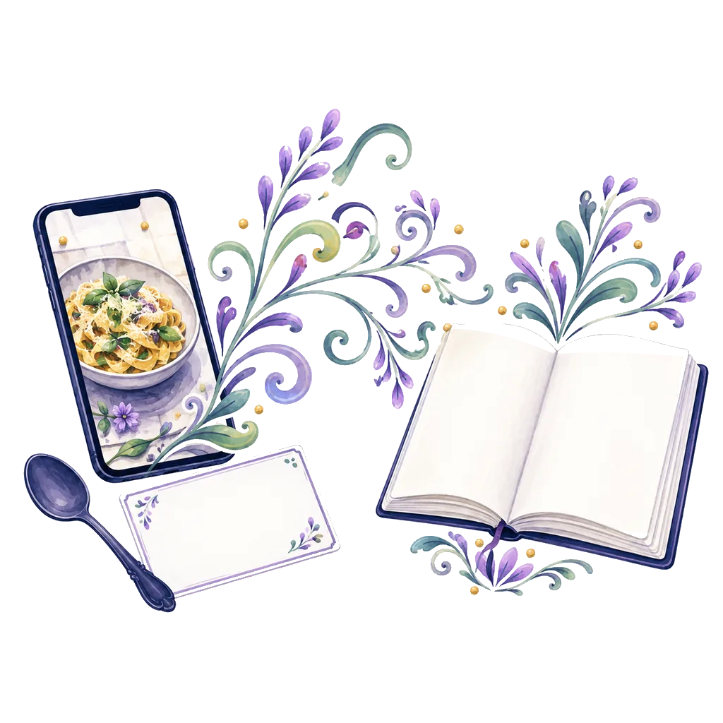 Watercolor phone, recipe, and open notebook connected by botanical paths
