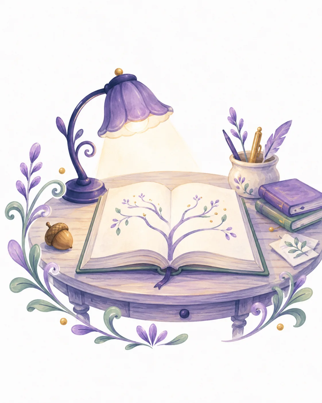 Watercolor illustration of an open branching-path book beneath a flower-shaped lamp, surrounded by lavender, sage leaves, books, and an acorn