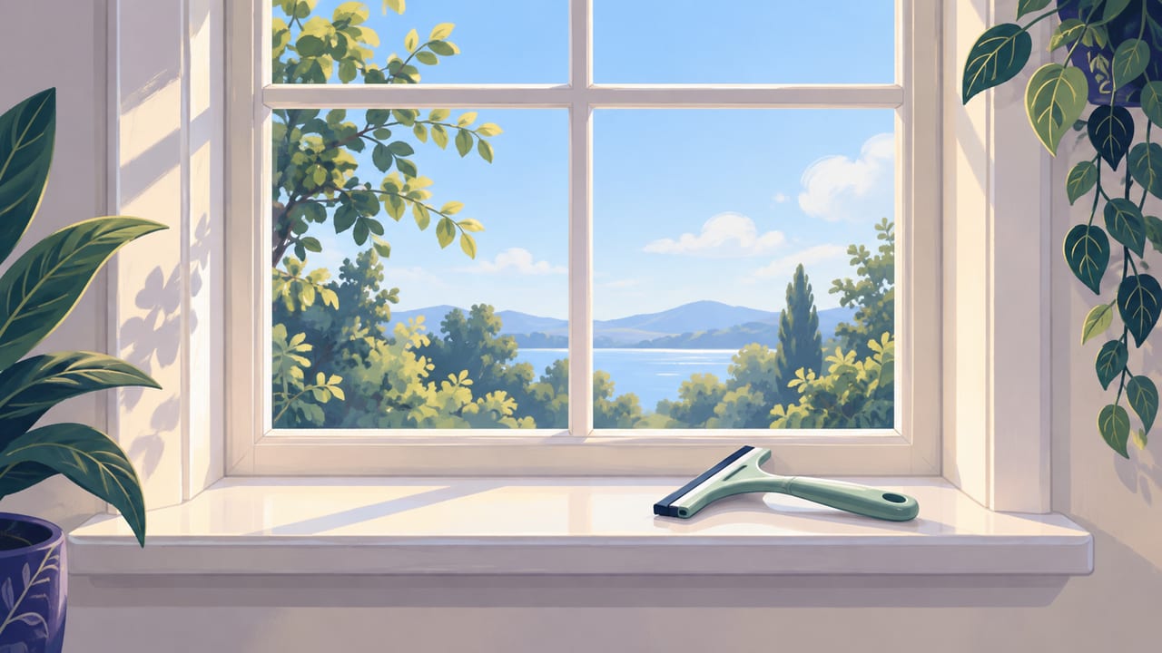 A clean window with clear glass and an empty sill in soft daylight, with a squeegee resting on the sill.