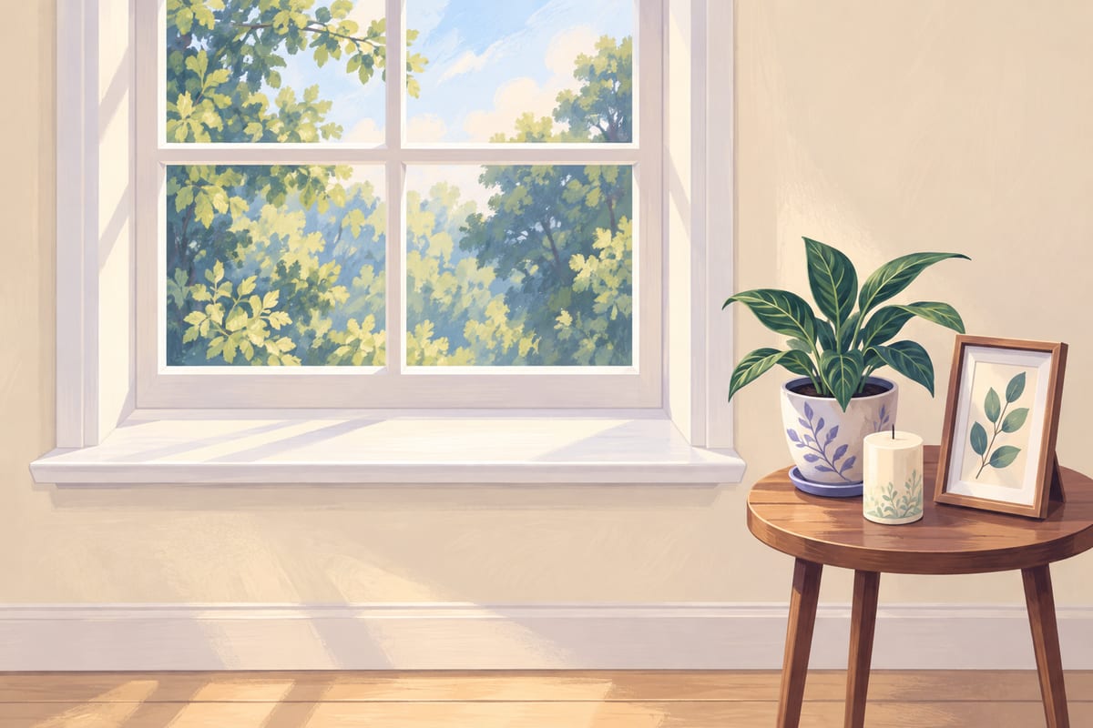 A windowsill with a small plant pot, a candle and a photo frame moved off to a table beside it, leaving the sill empty.
