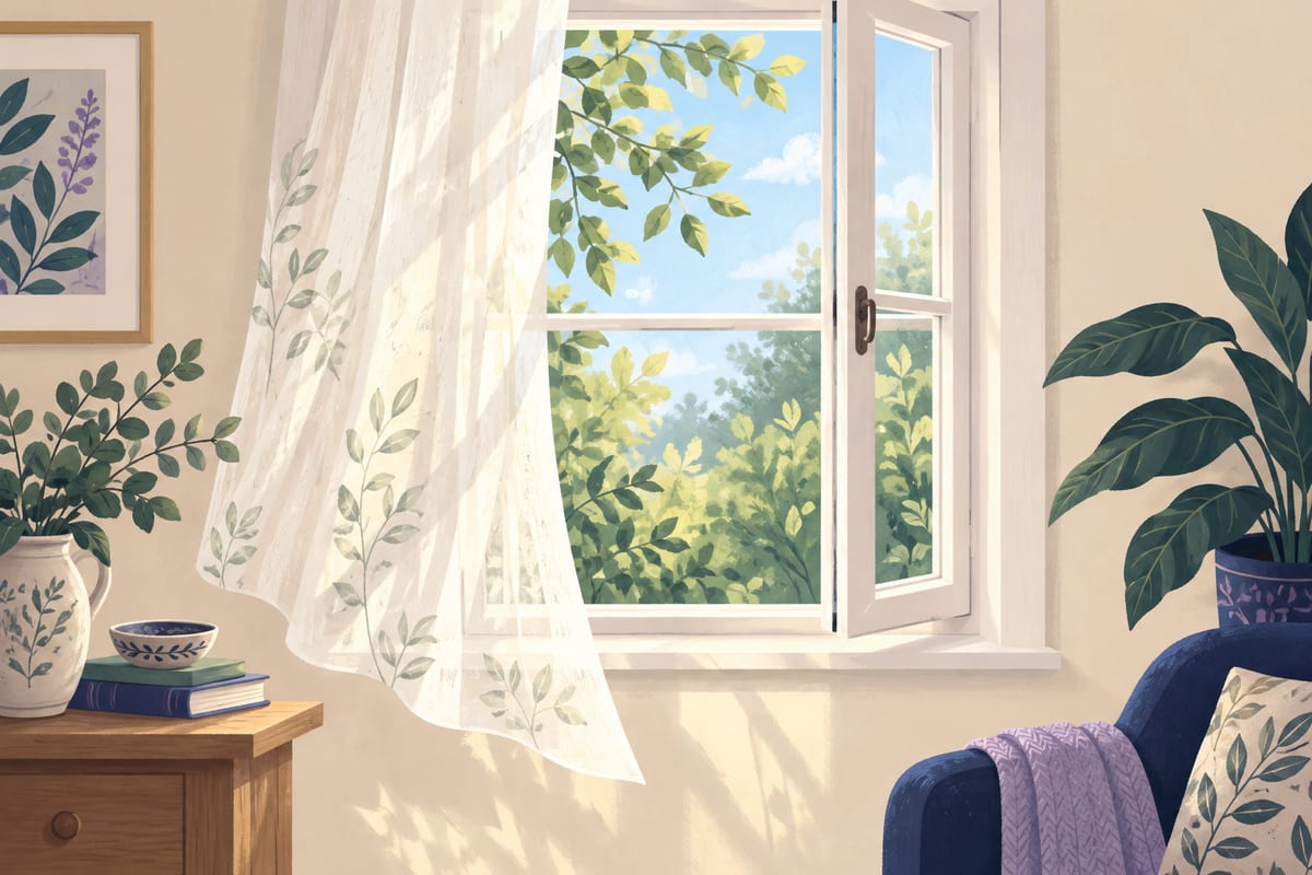 A window open a little, with a curtain lifted gently by the breeze.