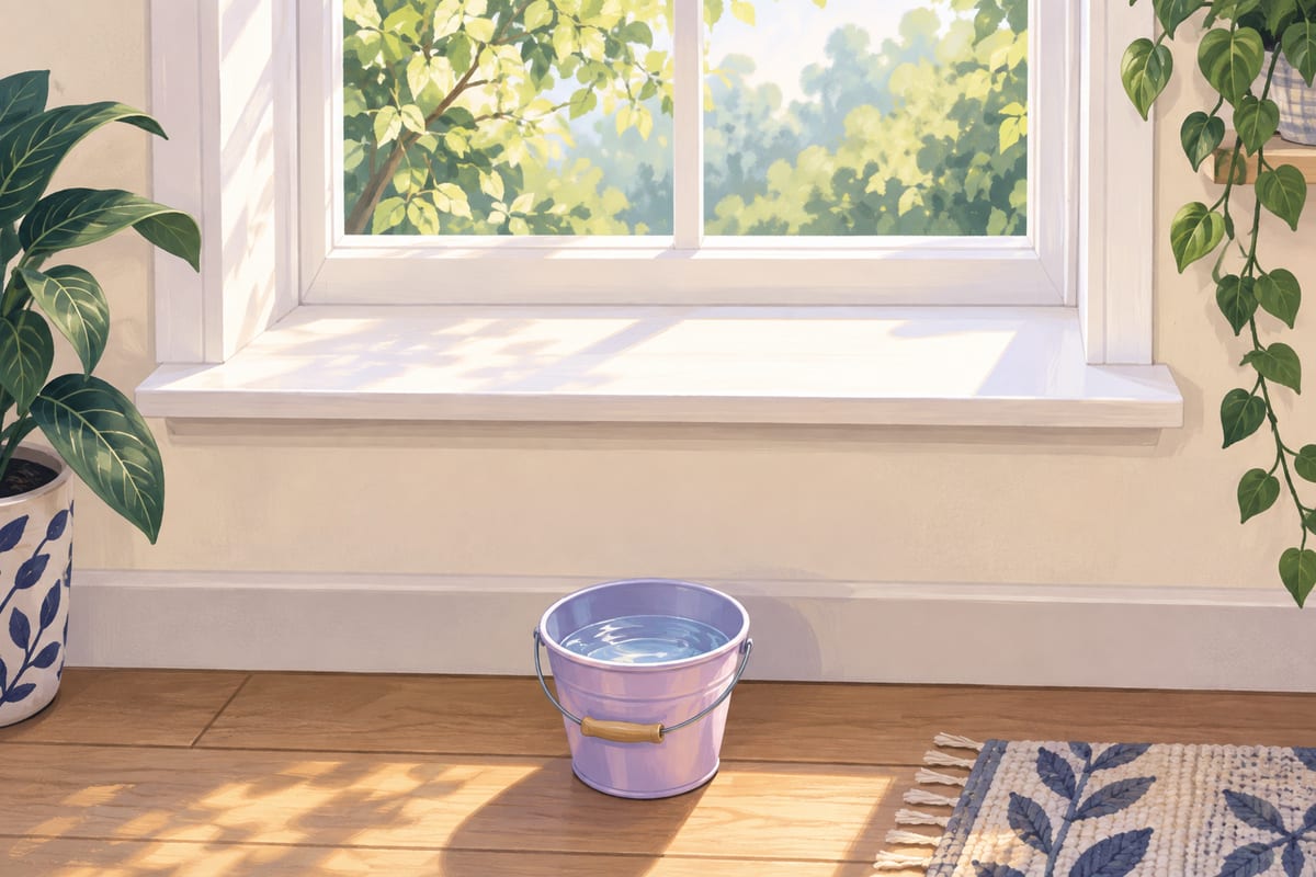 A bare, clean windowsill up close, with a small bucket of clean water on the floor below it.