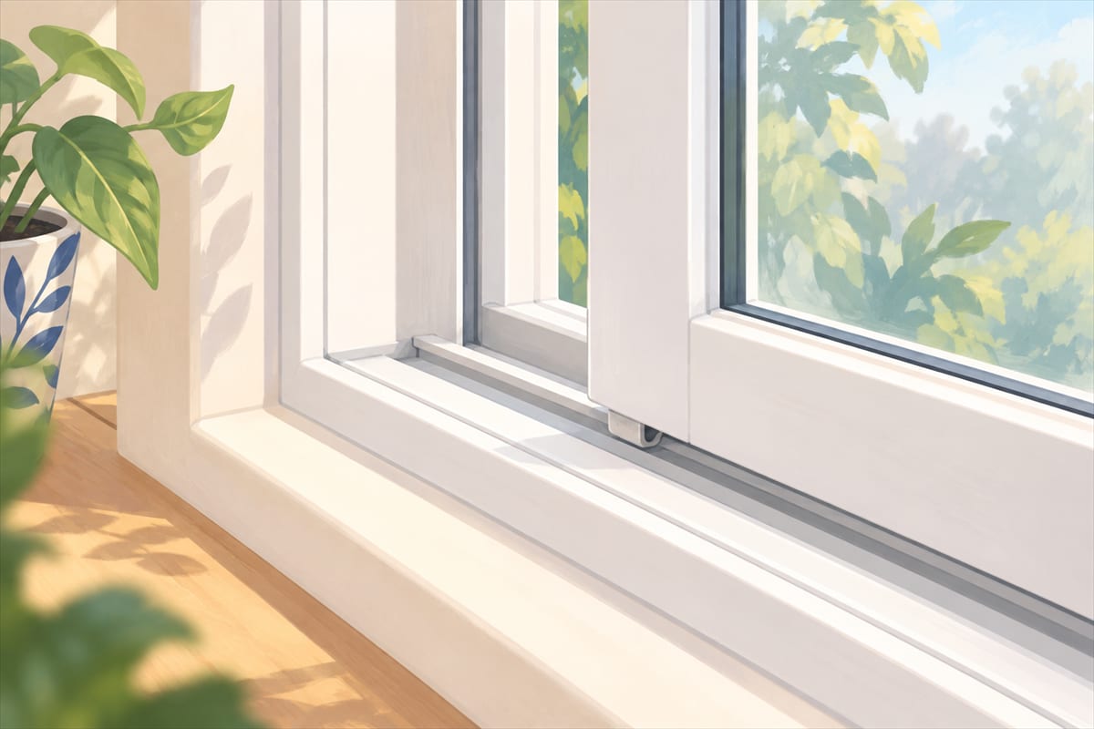 The bottom track of a window frame, clean, with the sliding window pane beside it.