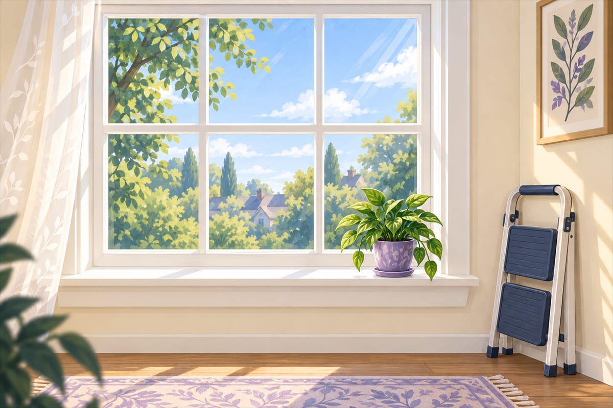 A whole window in soft daylight with a clean, empty sill and one small plant put back, and a stable step stool folded against the wall.