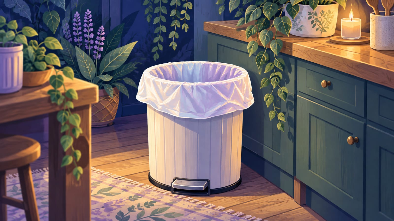 A kitchen trash can with a fresh bag being fitted over the rim