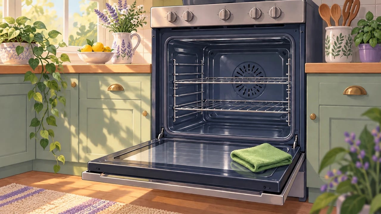 A clean open oven in soft morning light, with a cloth on the door.