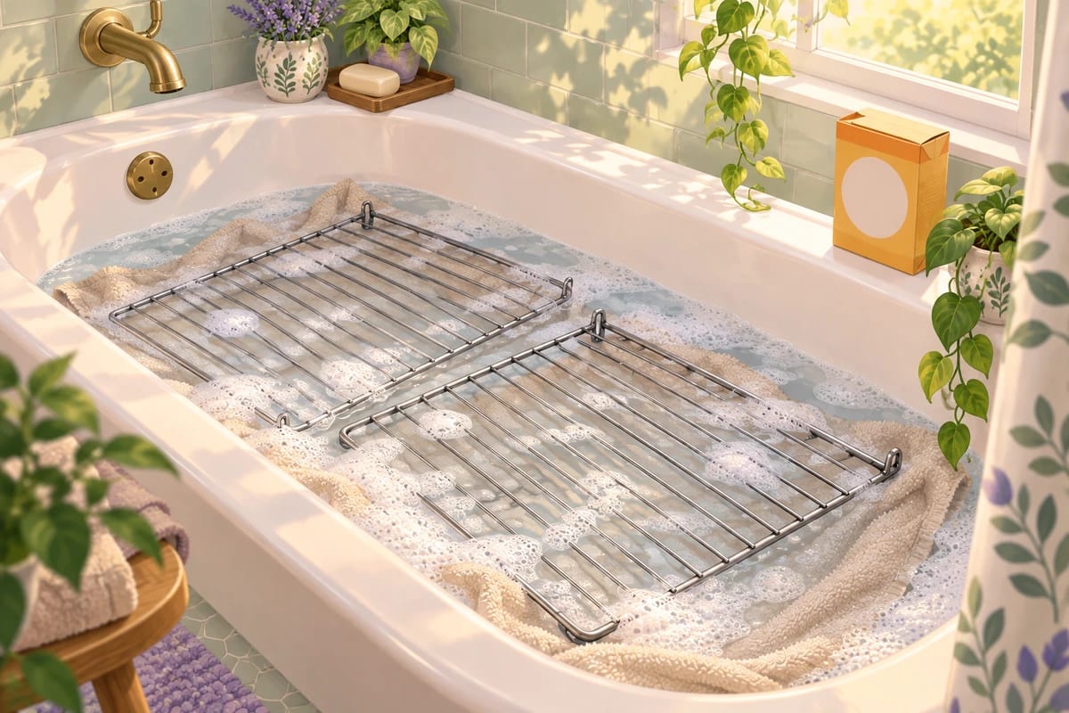 Oven racks soaking in soapy water in a bathtub, resting on a towel.
