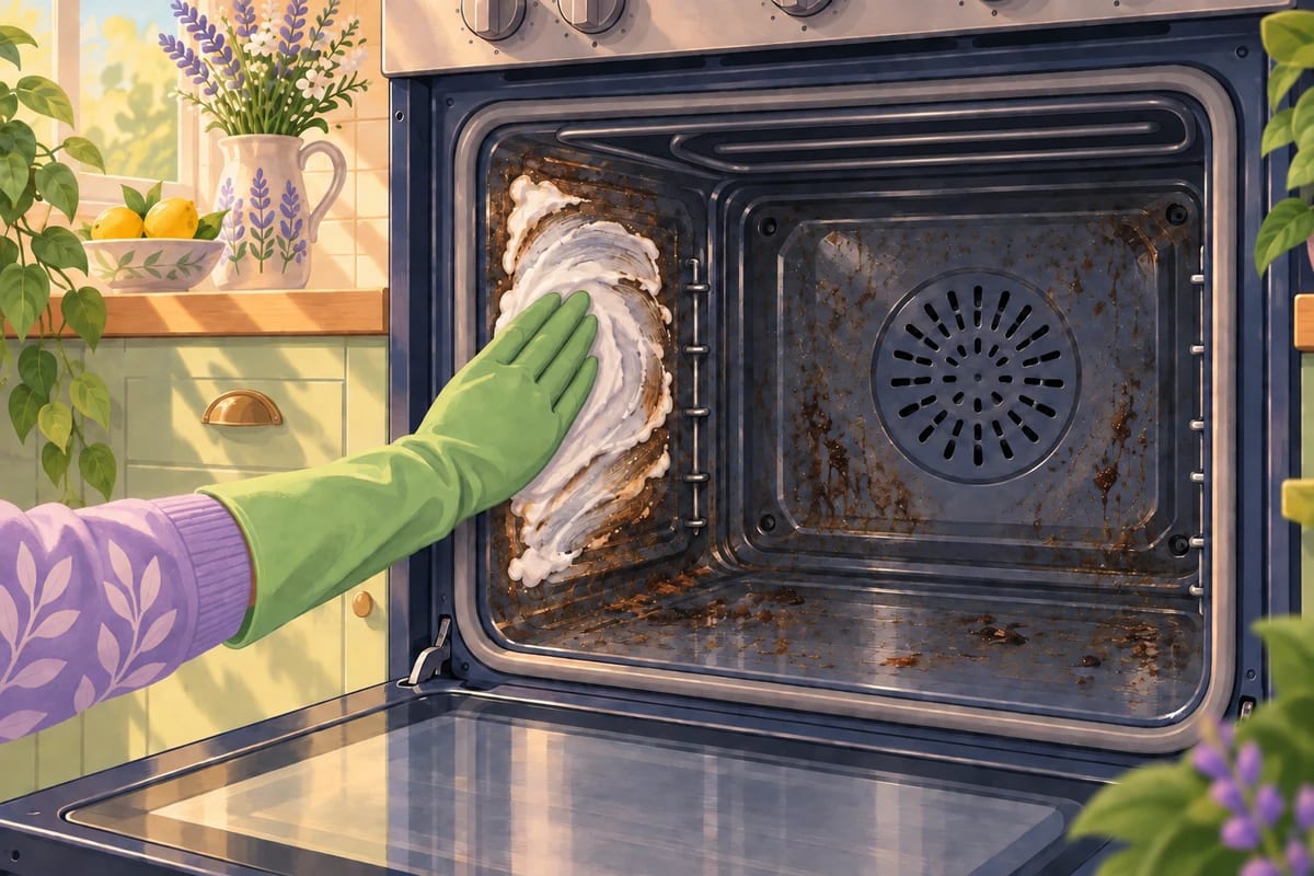 Thick baking soda paste spread across an oven wall, away from the heating element.
