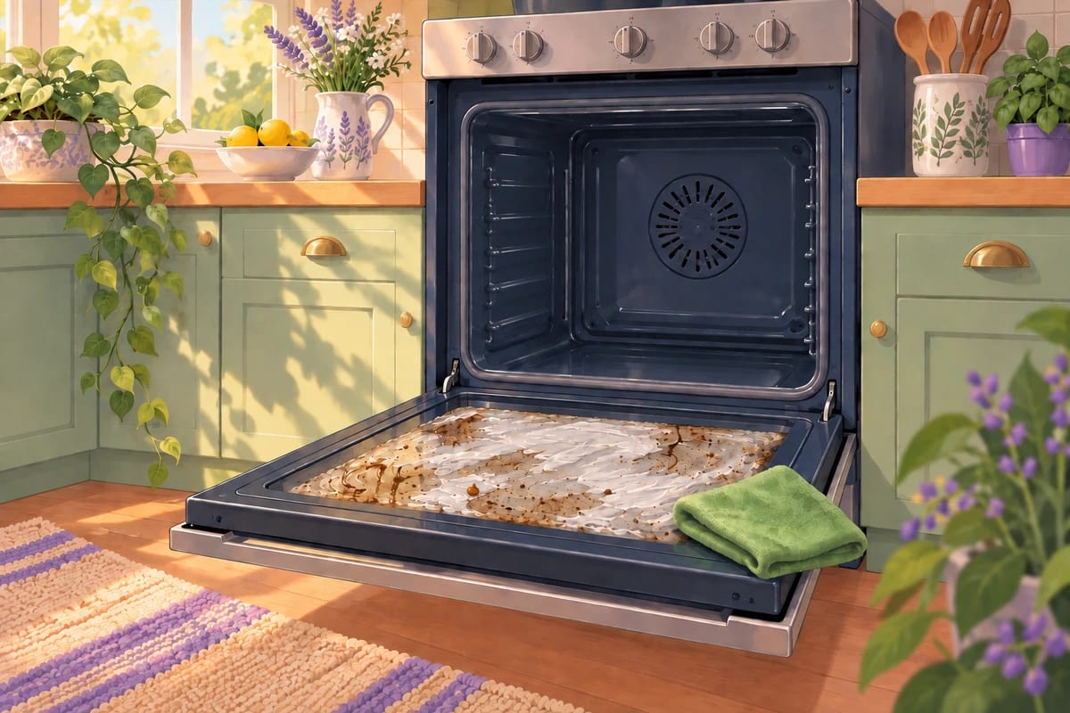 An open oven door with baking soda paste on the glass and a cloth nearby.