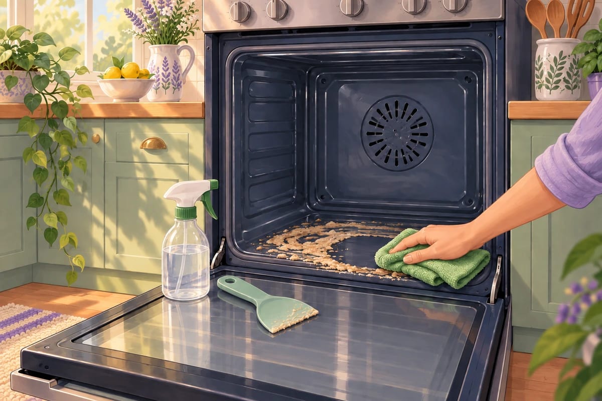 Brown baking soda paste being wiped from the floor of an oven with a cloth.