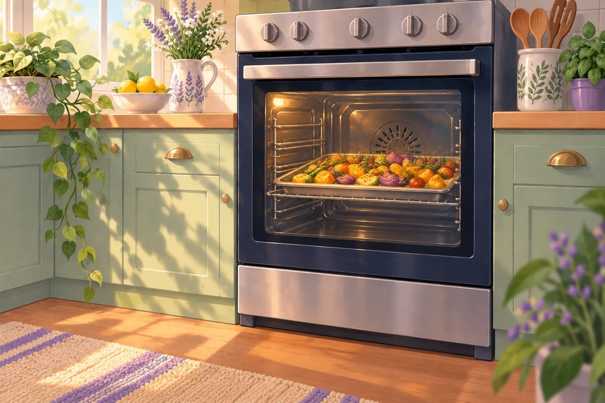 A clean oven with clear door glass and food baking inside.