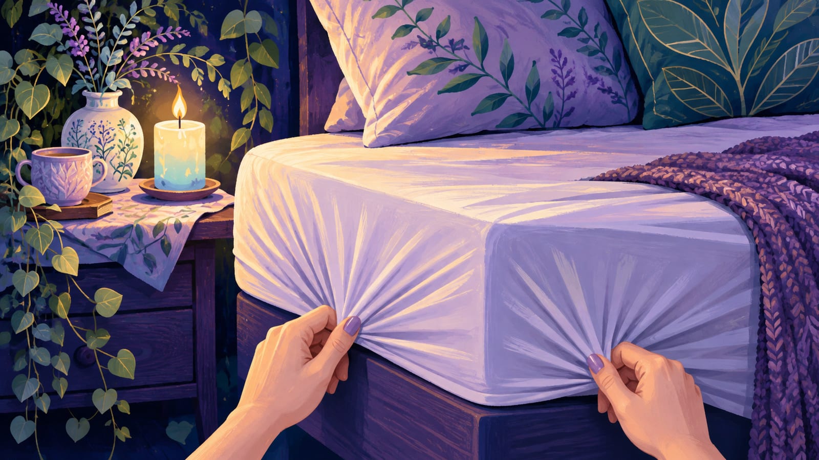 Hands pulling a clean sheet taut across a bed