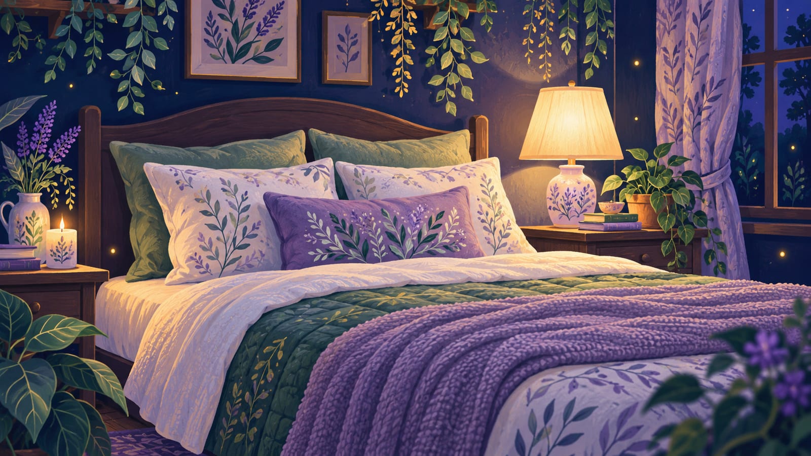 A finished bed with pillows set and a lamp glowing beside it