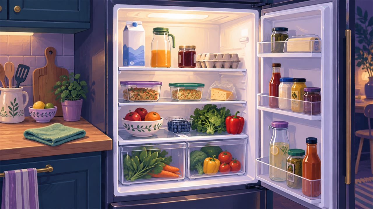 An open, clean refrigerator in a calm kitchen.