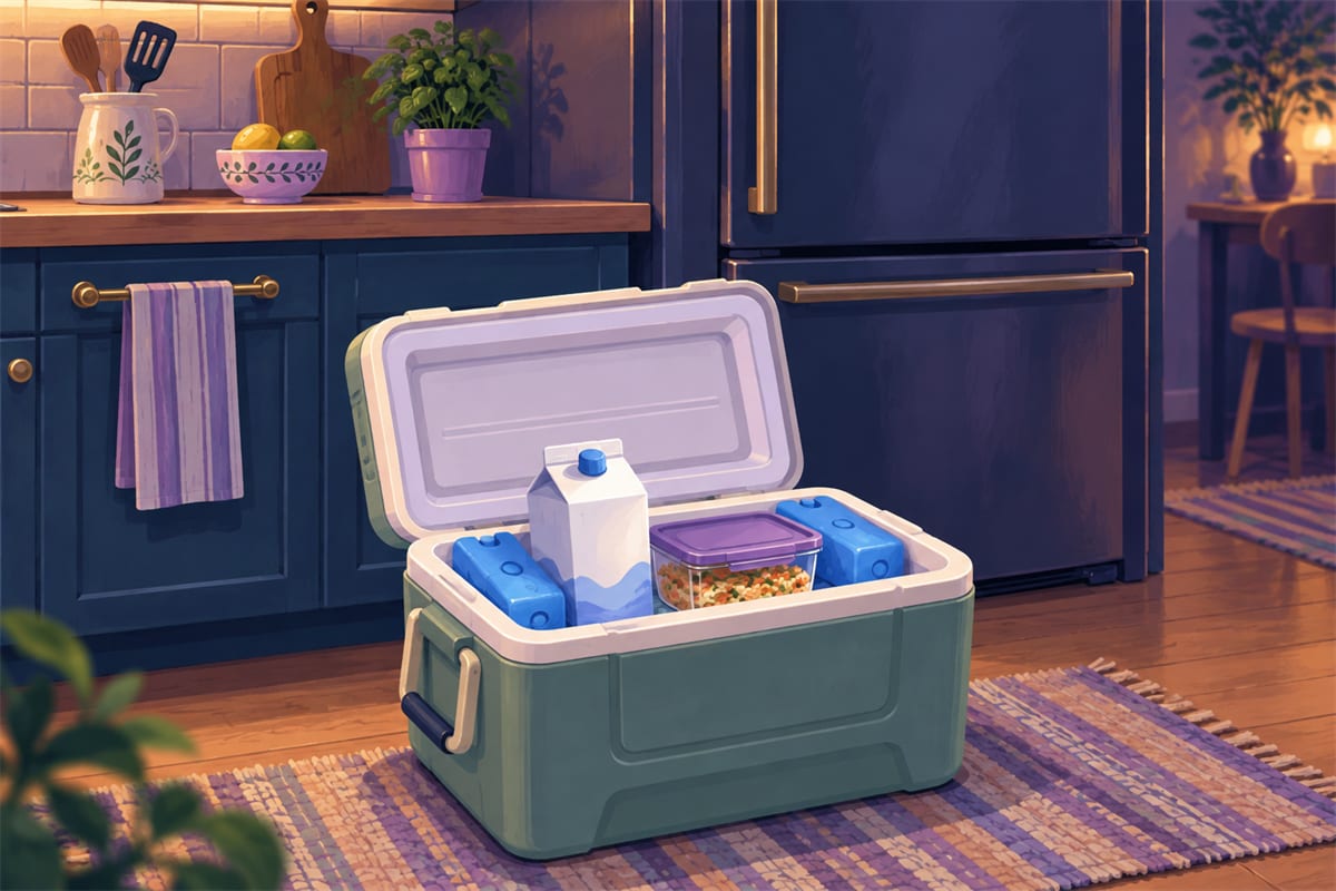 A cooler with ice packs, holding milk and leftovers beside a closed fridge.