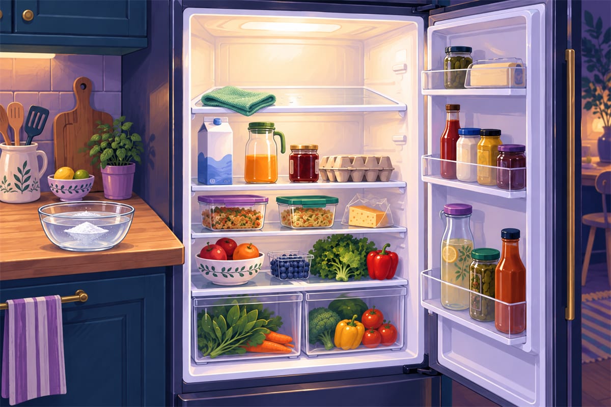 One empty, clean fridge shelf with a green cloth on it, while the other shelves stay full.
