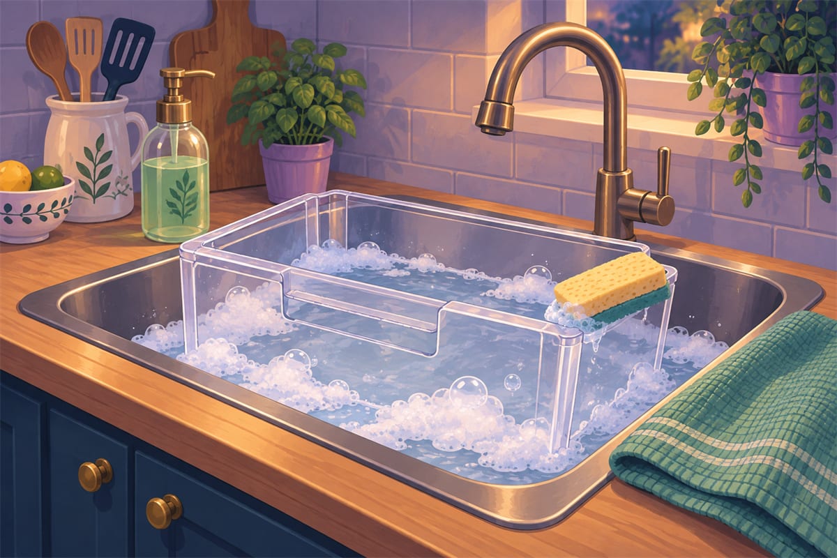 A clear refrigerator drawer in a sink of soapy water.