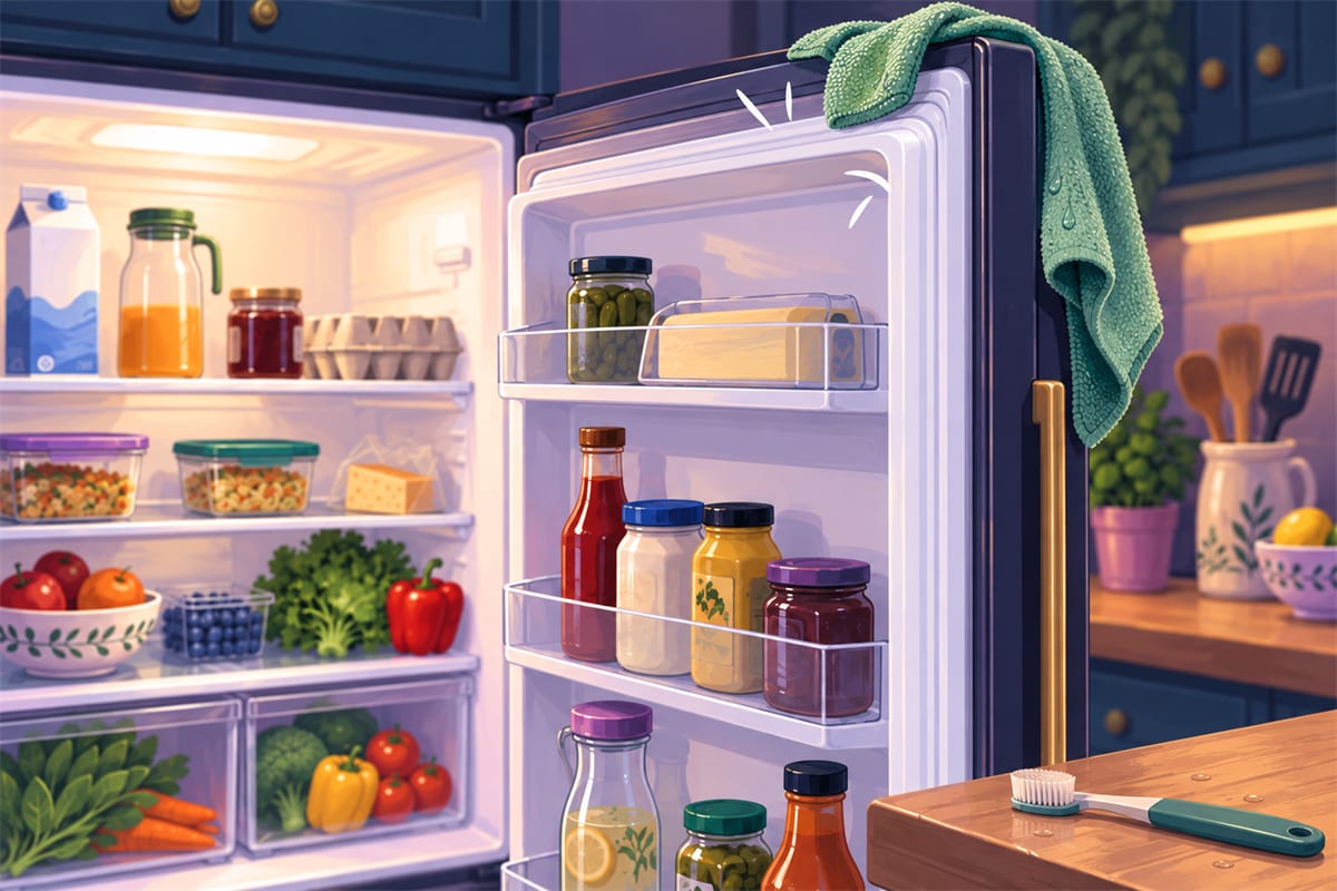 A clean rubber seal on an open refrigerator door, with a green cloth over its edge.