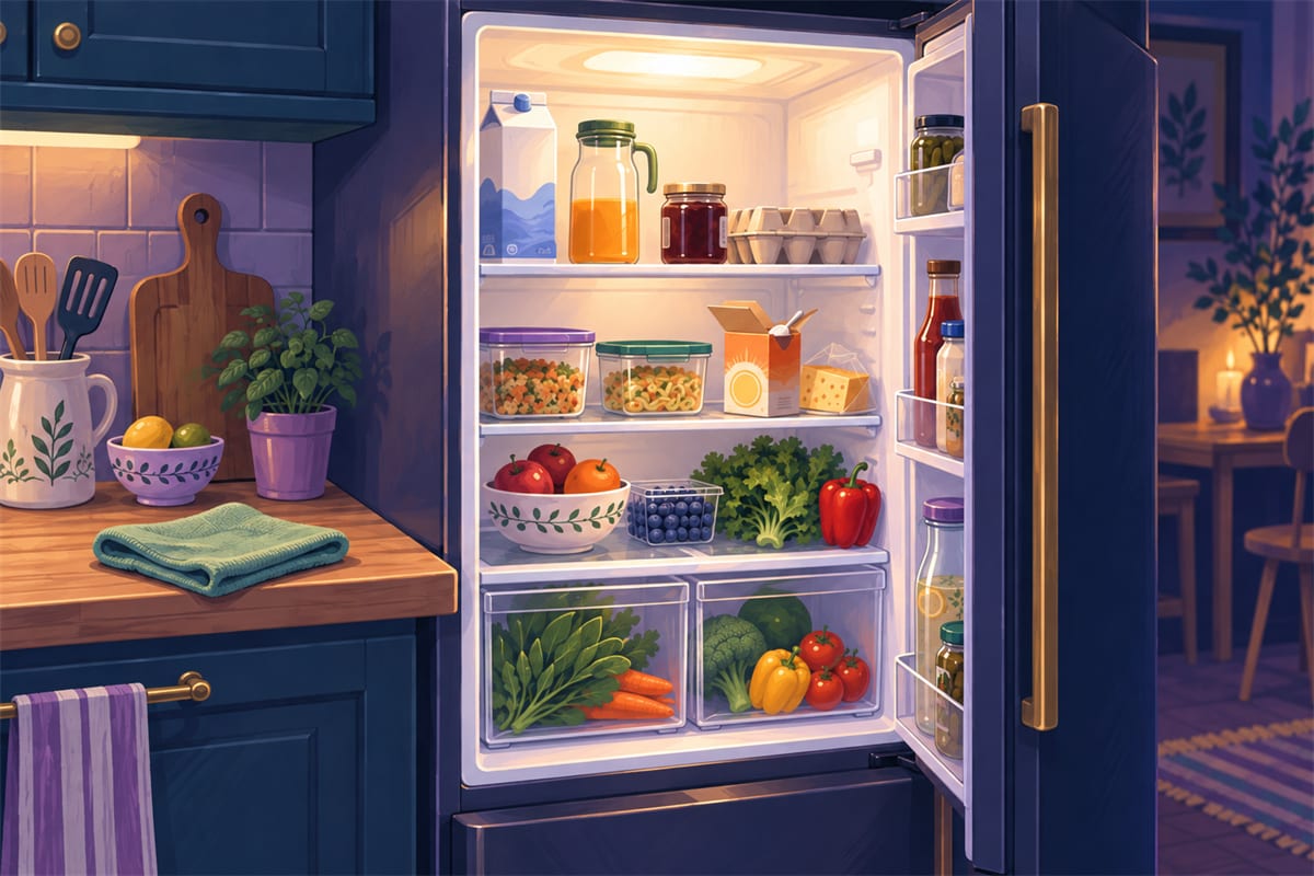A clean refrigerator glowing with its inside light, an open box of baking soda on a shelf.