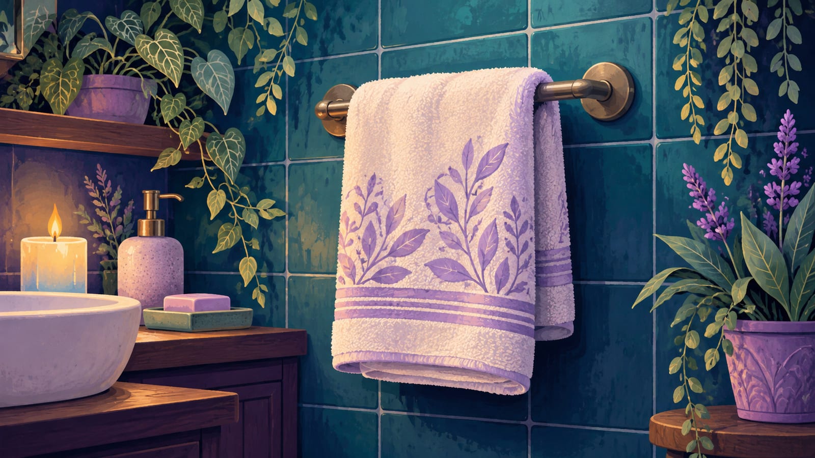 A folded clean towel hanging on a hook against teal tile