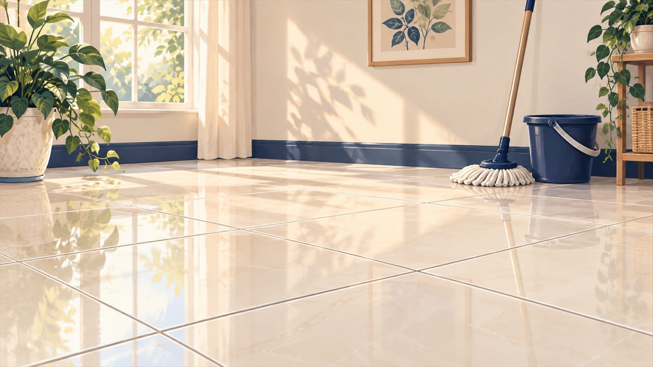 A clean tile floor in a bright room, with a mop and bucket beside the wall.