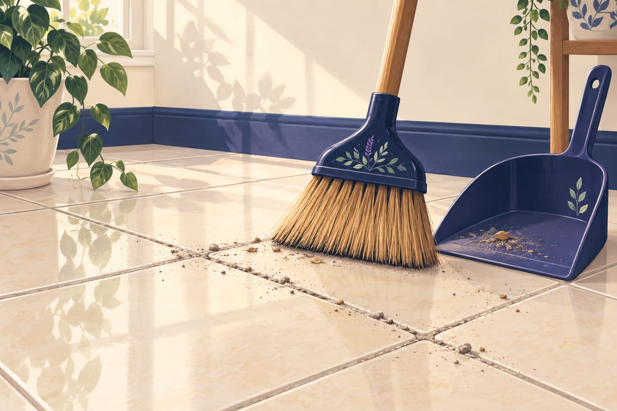 A broom and dustpan beside a tile floor, with the grout lines visible between the tiles.