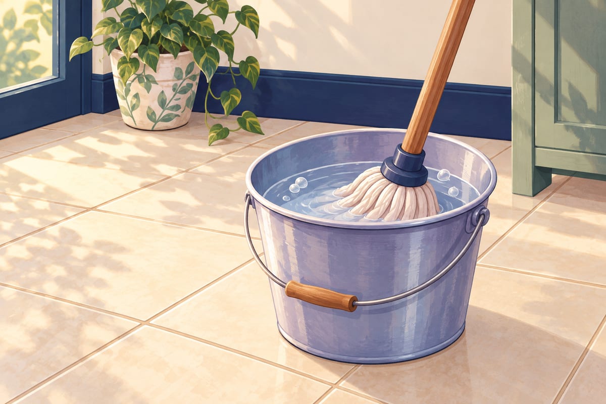 A bucket of warm water with a few bubbles and a mop resting in it.