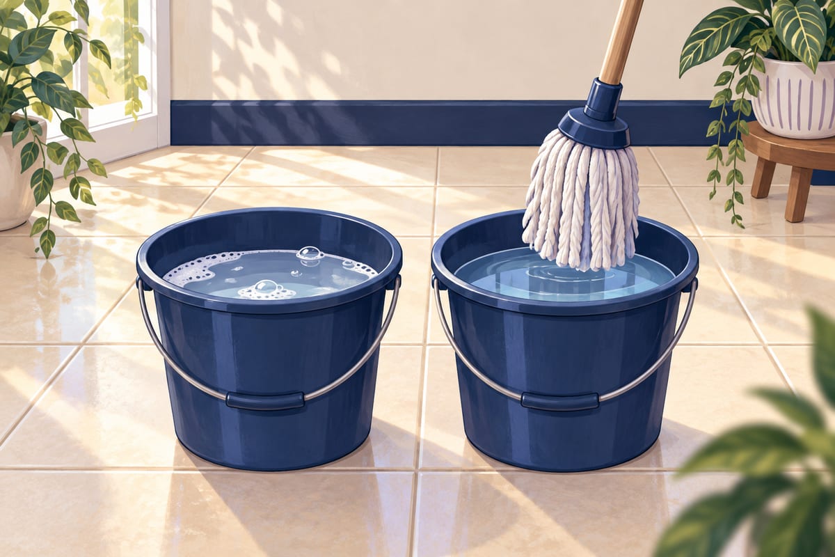 A second bucket of clear water beside the first, with a mop above it.