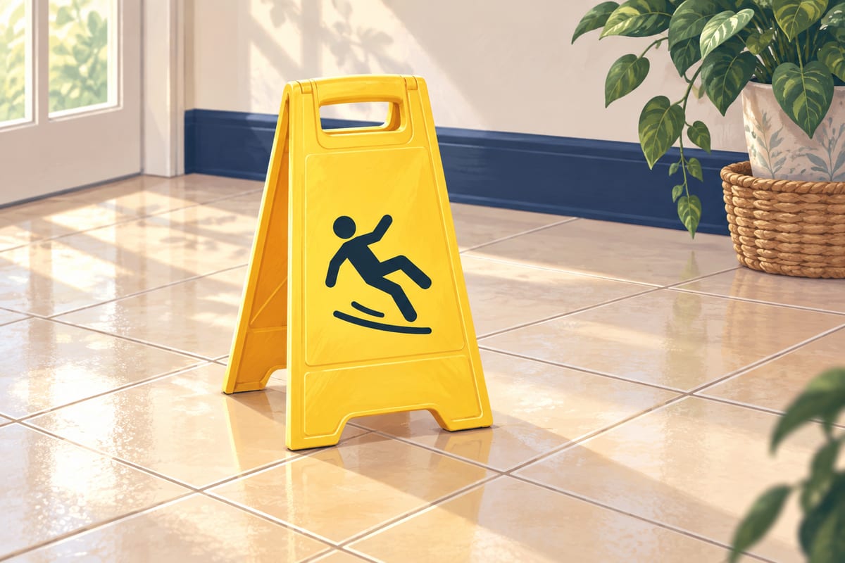 A yellow wet floor sign standing on a tile floor with a light shine on it.