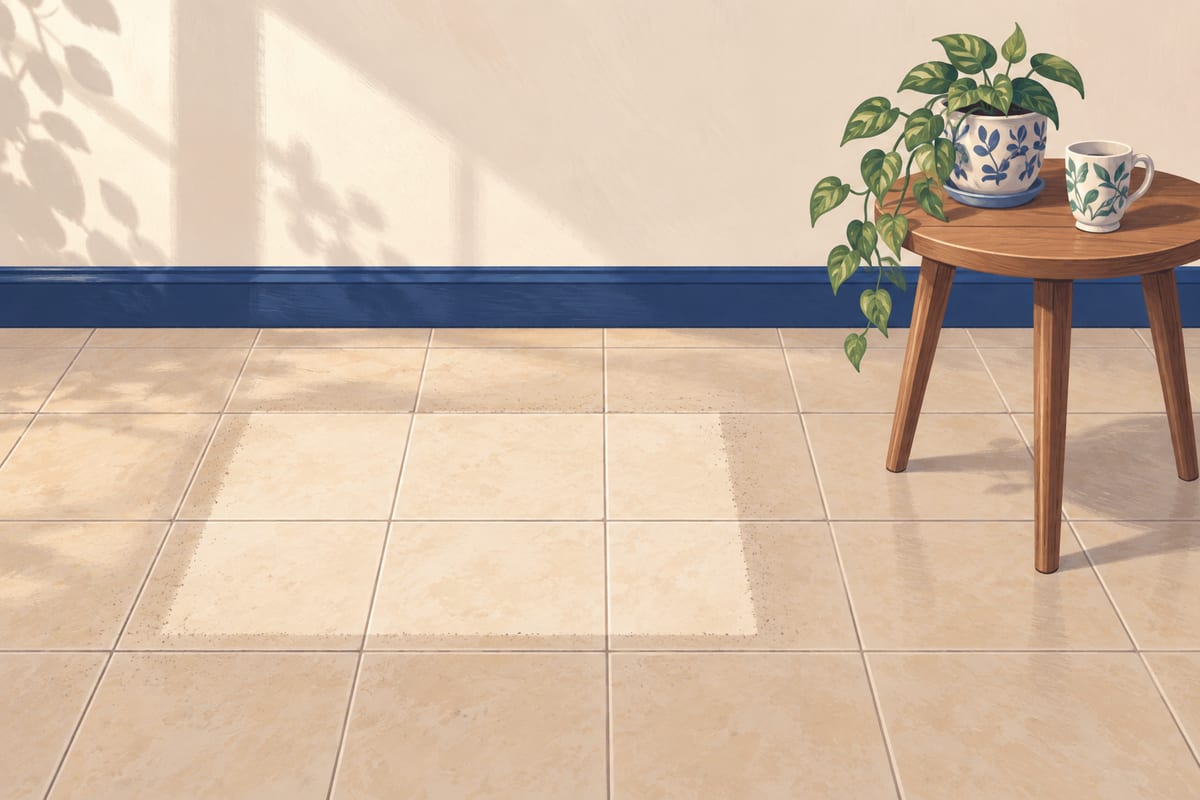 A light table moved aside on a tile floor, showing a clean patch and a clean baseboard.