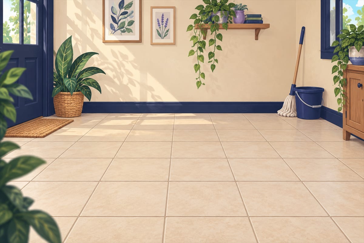 A whole tile floor in soft daylight, clean and dry, with the mop and bucket put away in a corner.