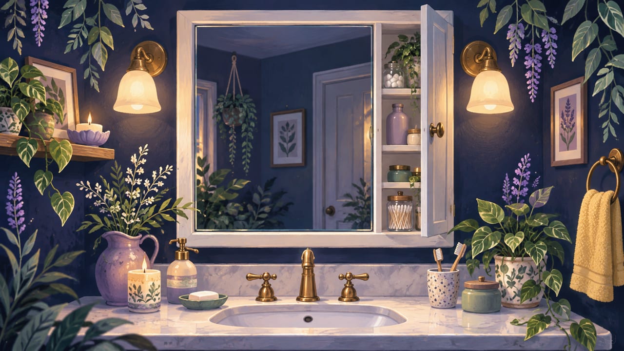 A clean bathroom mirror above a sink, with a medicine cabinet visible.