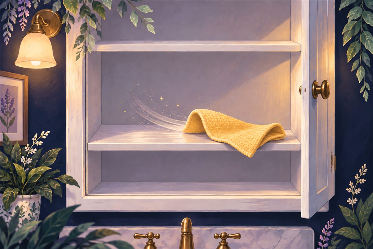 A cloth wiping an empty medicine cabinet shelf.