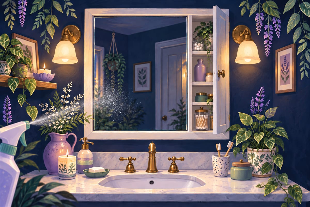 A light mist of glass cleaner sprayed on a bathroom mirror.