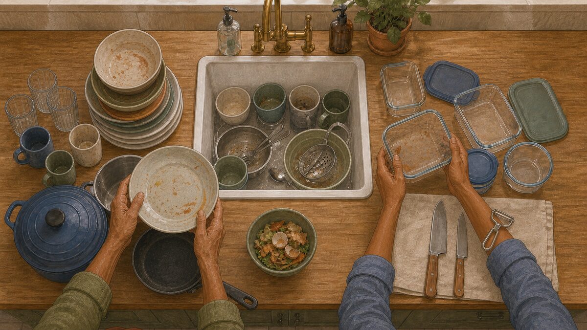 An overhead view of dishes being sorted into glasses, plates, containers, pots, and sharp tools around an empty sink.