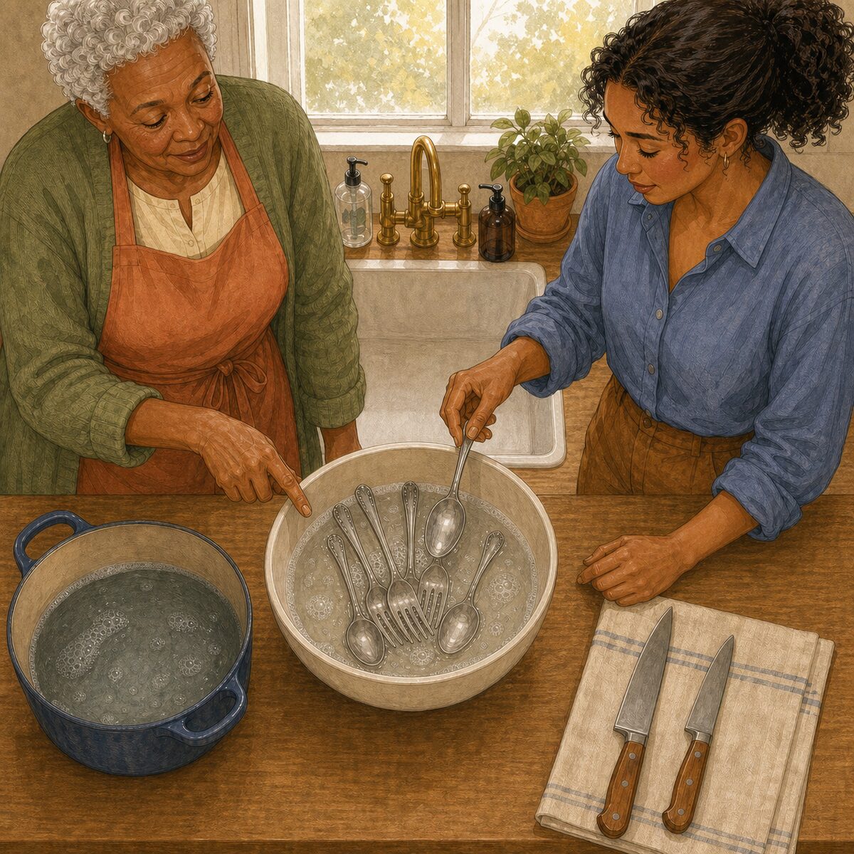 A spoon lifted from a large bowl of warm soapy water, with knives kept visible on a towel.