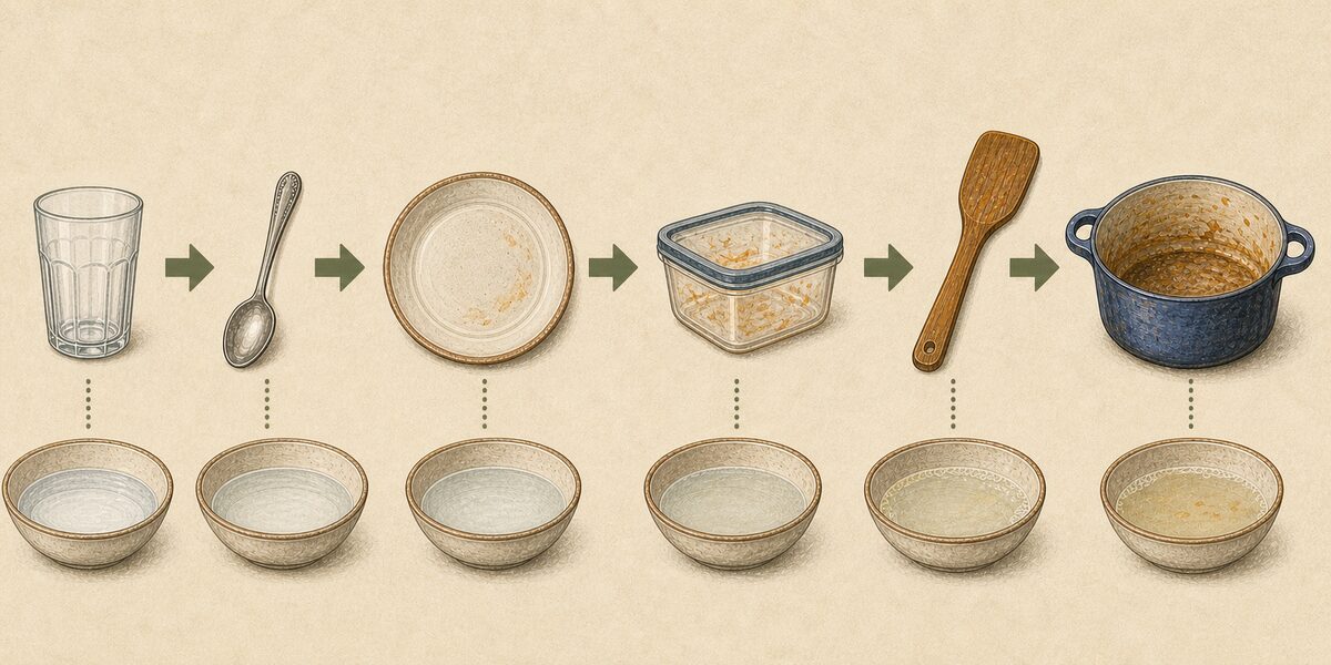 A visual sequence shows a glass, spoon, plate, food container, cooking utensil, and greasy pot progressing from cleanest to dirtiest.