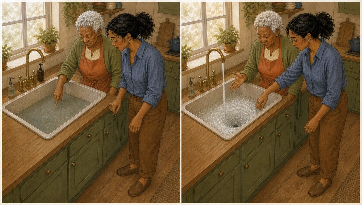A before-and-after scene shows cloudy, greasy dishwater being replaced with fresh, clear water.