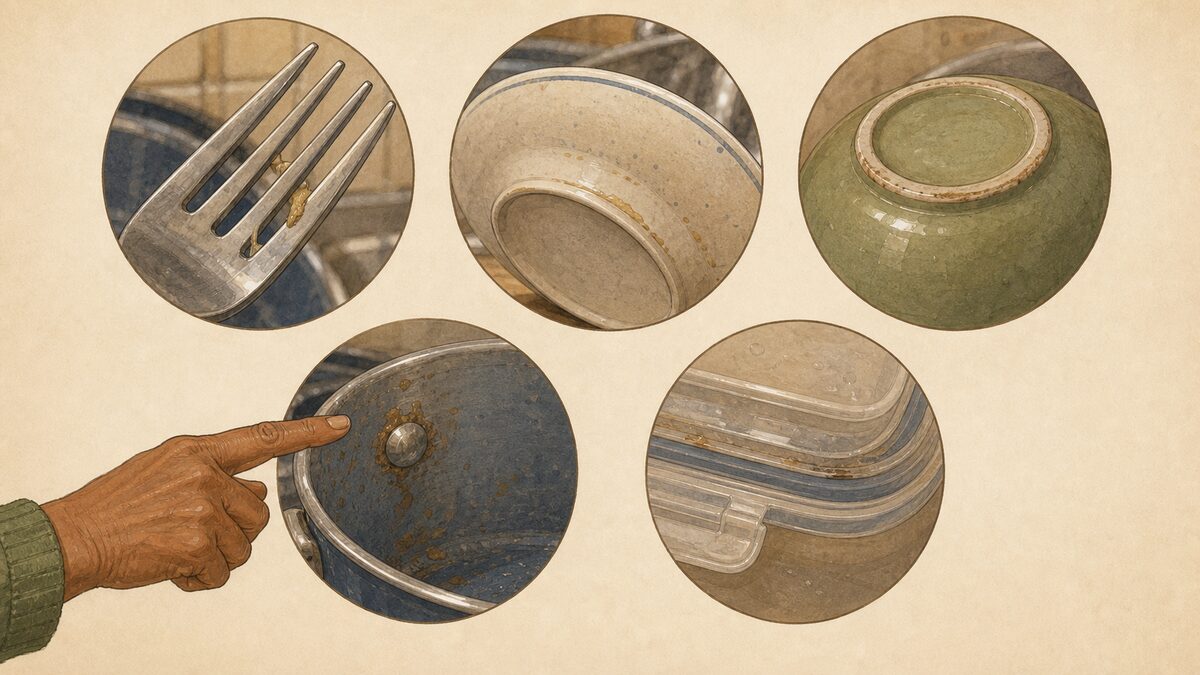 Close-up circles reveal food caught between fork tines, under bowl rims, around pot rivets, and in container-lid grooves.