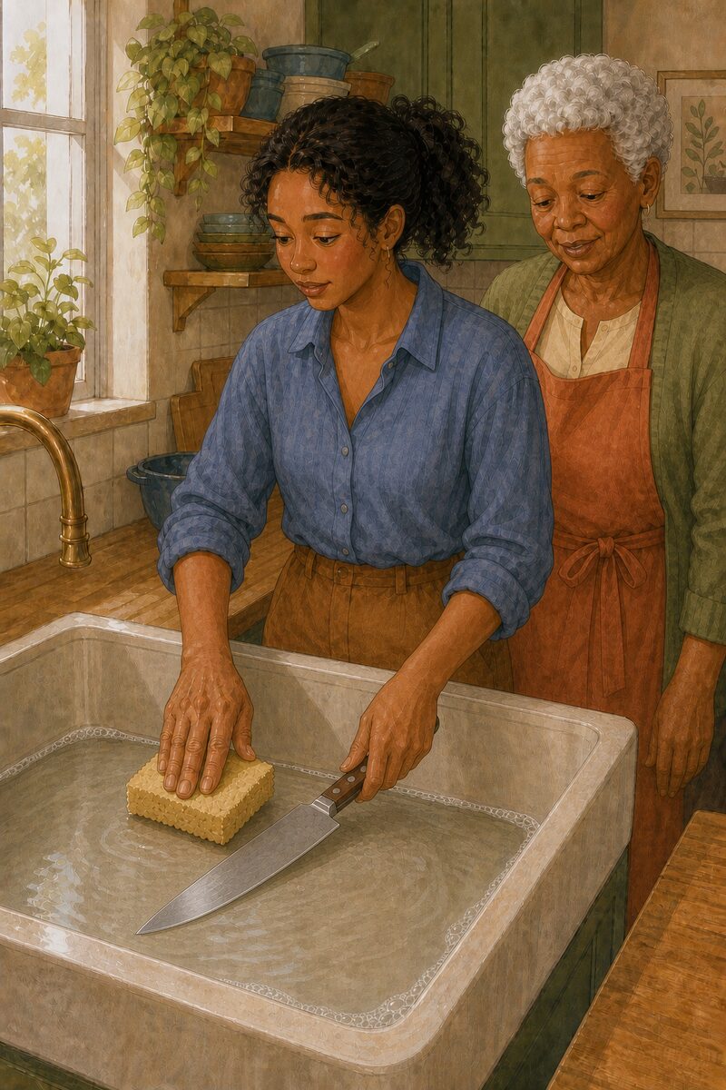 A large kitchen knife held by its handle above a sink of soapy water.