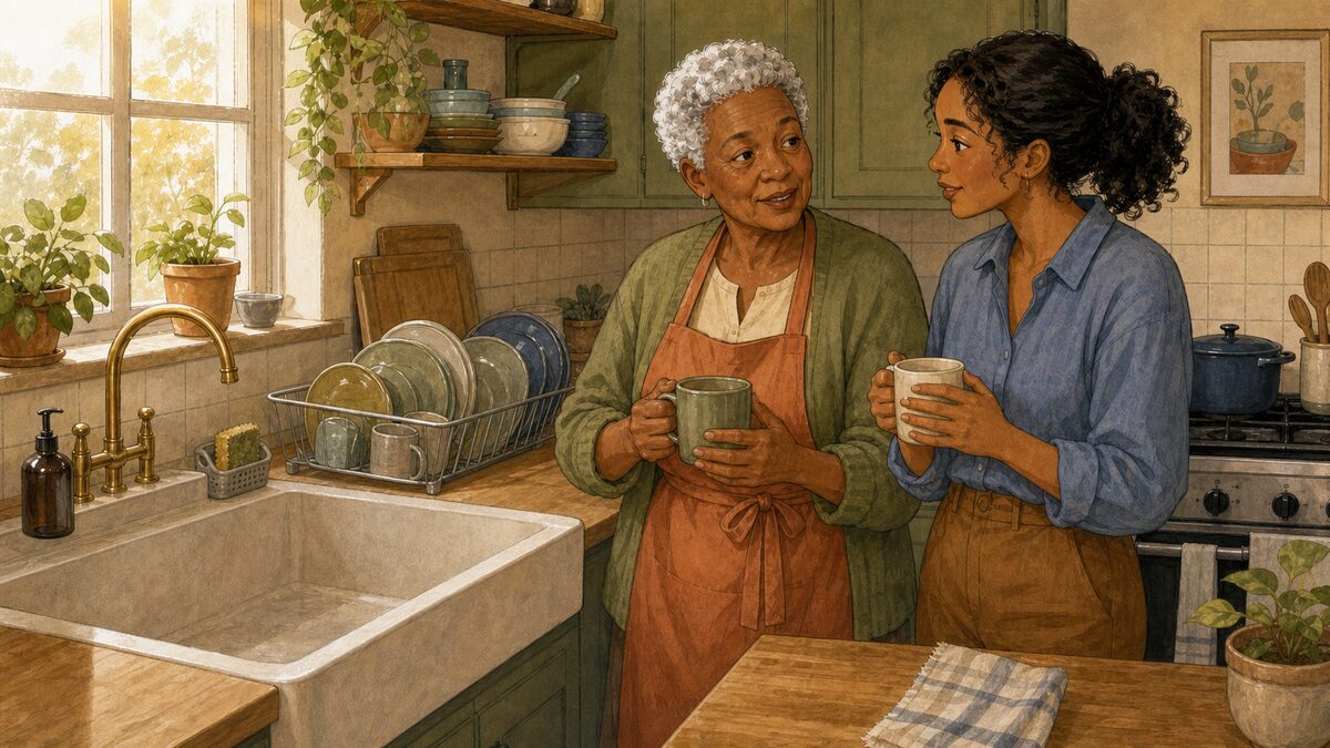 Two warm drinks beside a clean sink and a rack of washed dishes.