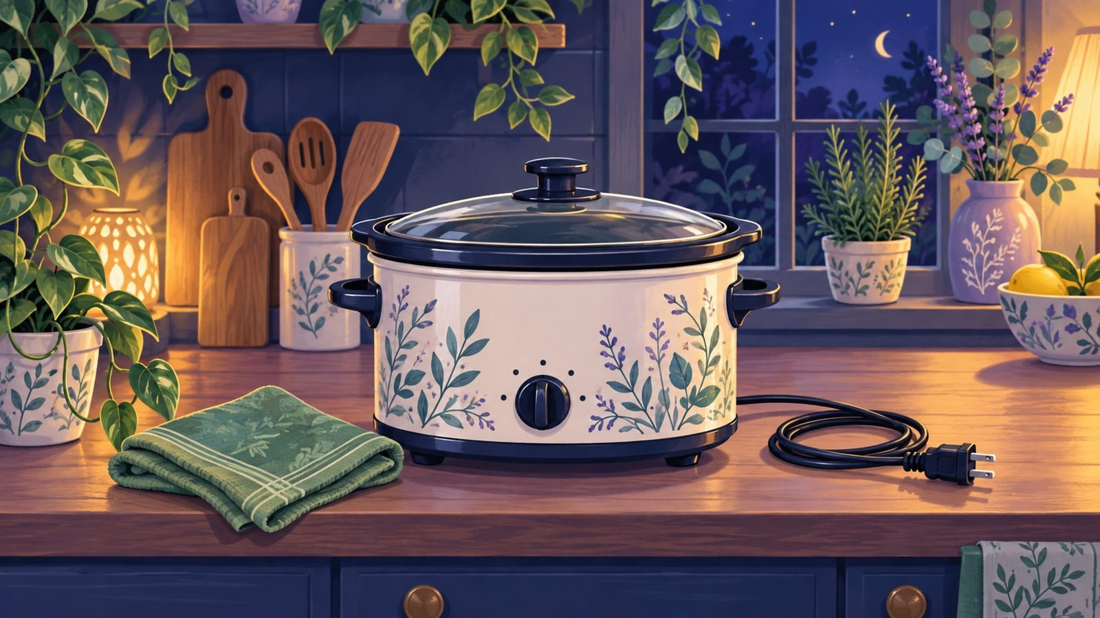 A clean slow cooker on a calm kitchen counter.