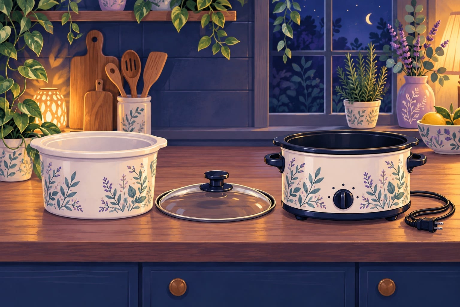 A slow cooker's crock, glass lid and base set out side by side on a counter.