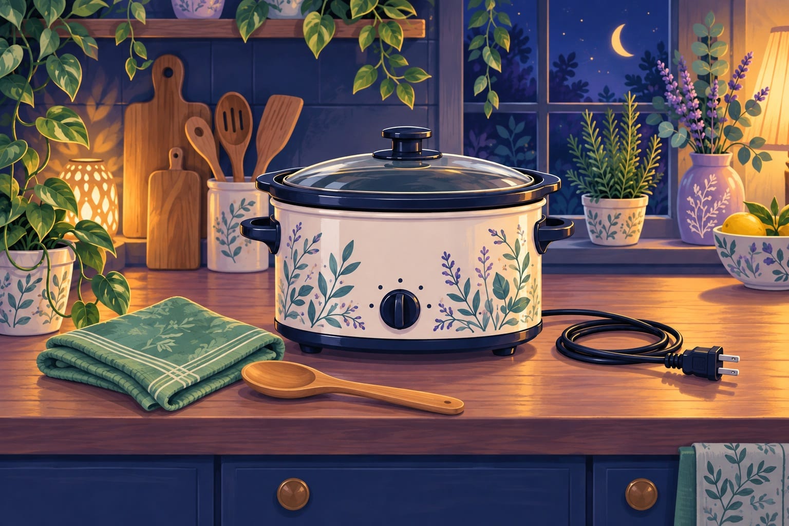 A clean slow cooker put back together on a kitchen counter.