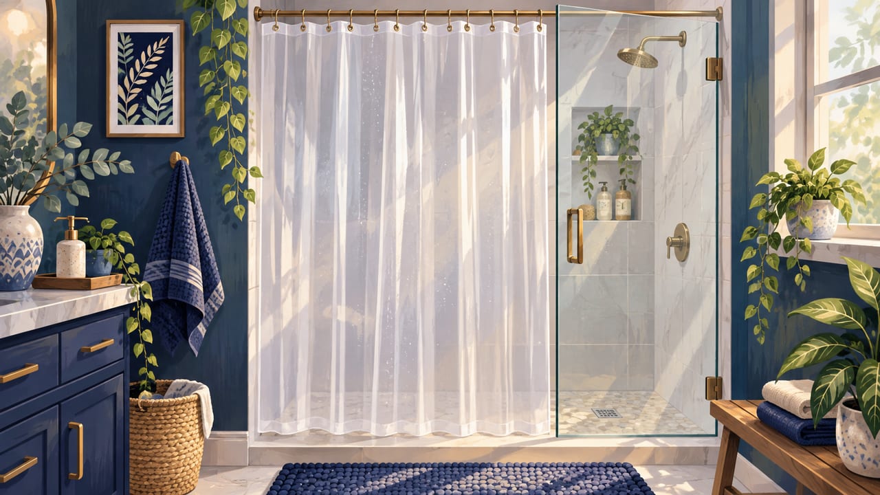 A clean shower curtain liner hanging next to clear glass shower doors.