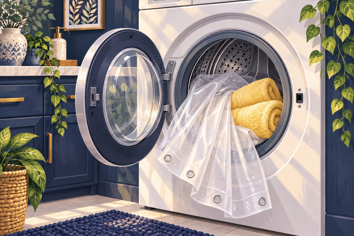 A shower curtain liner and towels loaded into a washing machine.