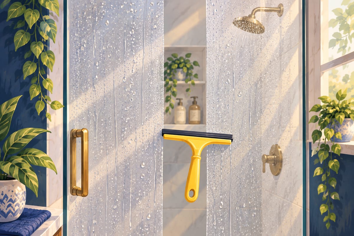 A squeegee pulled down a glass shower door.