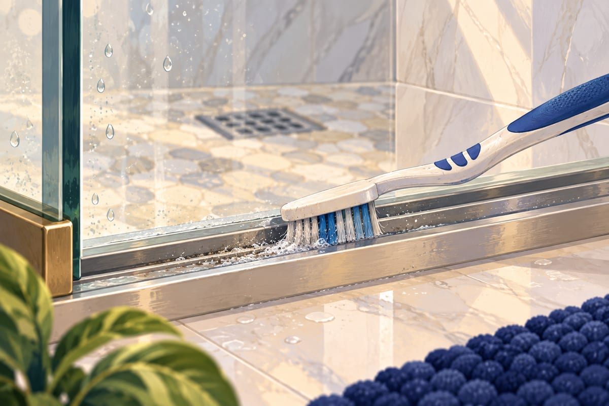 A toothbrush scrubbing the bottom track of a glass shower door.