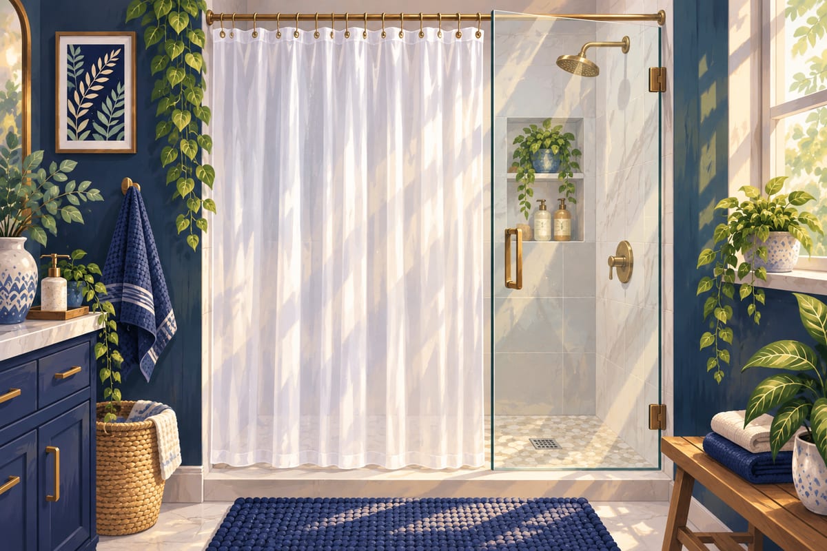 A clean shower with a fresh liner and clear glass doors.