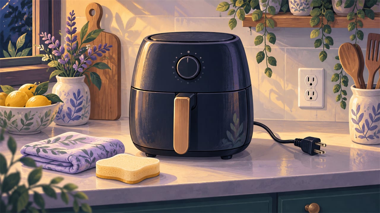 A clean air fryer on a kitchen counter with a cloth and sponge beside it.